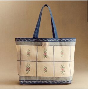 Floral Patterned Tote Bag with Blue Accents